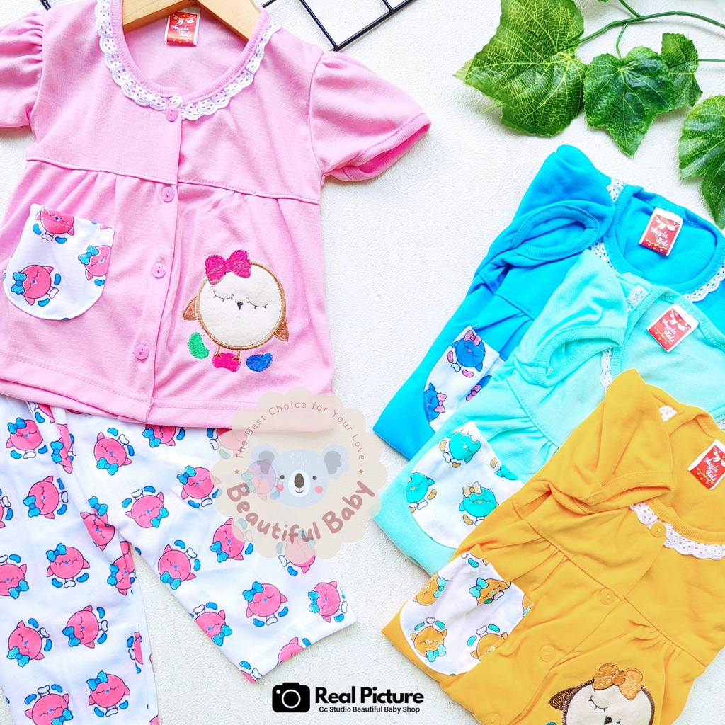 Baby.ou - Setelan Baju Bayi Lengan Pendek Celana Panjang Motif Bordir Birds / Setelan Piyama Bayi Perempuan 3-12 Bulan / Baju Bayi Perempuan Yeiko