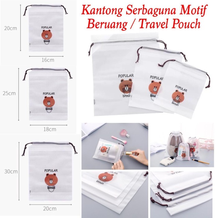 Travel Pouch Organizer Tas Serut Make Up Serbaguna Motif Beruang Lucu Anti Air