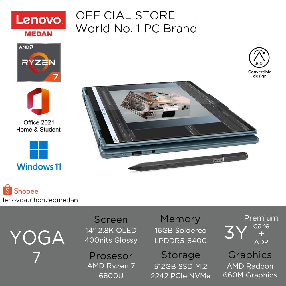 LENOVO Yoga 7 14ARB7 1DID, AMD R7-6800U/16GB/512GB/W11HSL+OHS/StoneBlue/3Y+ADP/14” 2.8K OLED Touch +