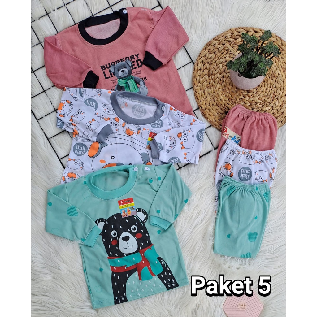 setelan baju anak laki laki perempuan lengan panjang paket hemat lucu motif karakter 3-18 bulan