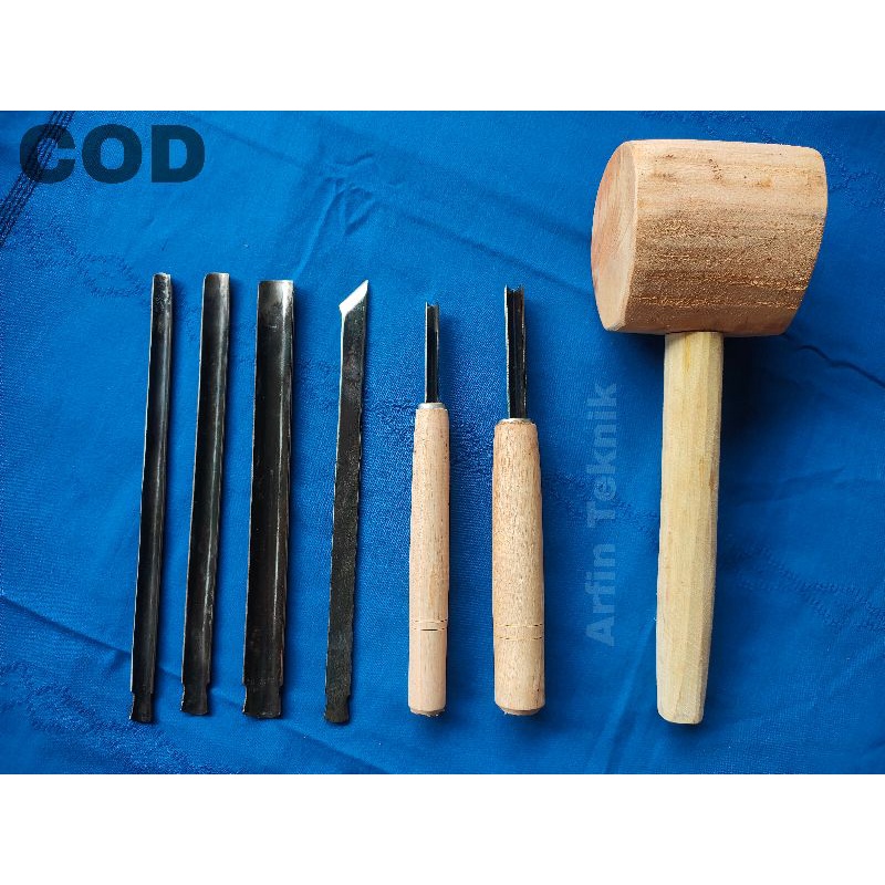 alat pahat bonsai pahat ukir kayu lengkap murah 6 pcs plus palu kayu