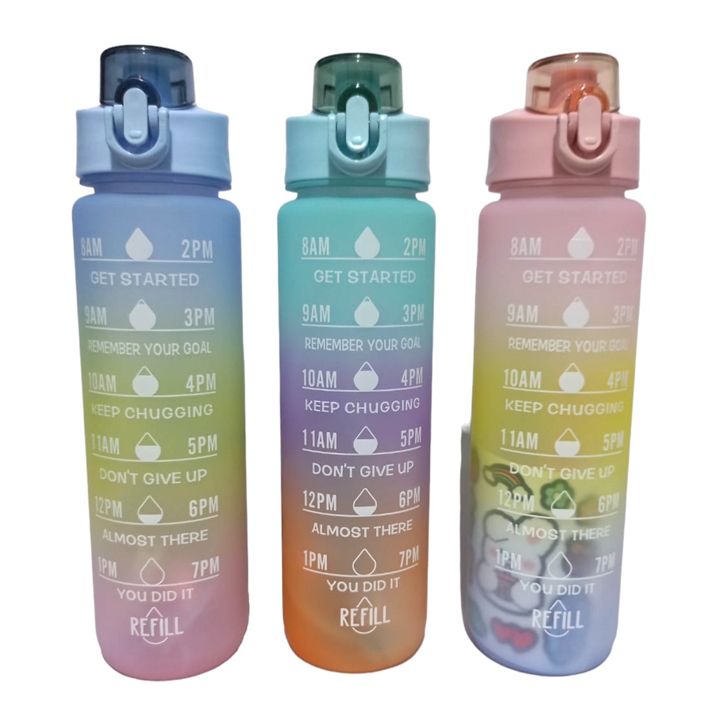 DEOSOFFICIAL -- BOTOL MINUM PASTEL 1 LITER / BOTOL MINUM TIME 1 LITER / DRINK REMINDER / BOTOL RAINBOW