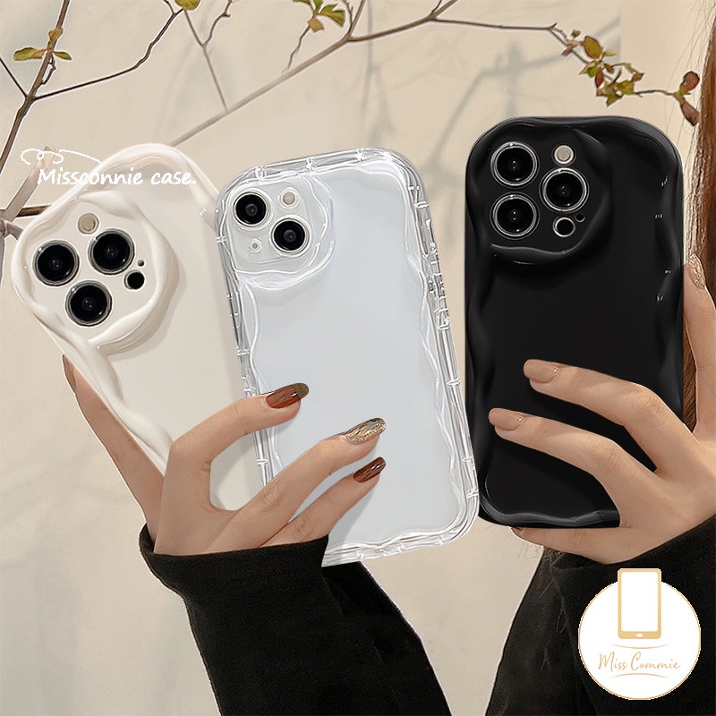 IPHONE Simple Fashion Warna Solid Wavy Edge Stereoscopic Cream Glossy Phone Case Kompatibel Untuk Iphone11Xr 78 Plus 11 12 13 14 Pro MAX X XS MAX Shockproof Soft TPU Back Cover
