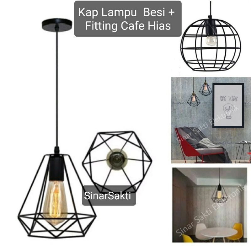 Kap Lampu Gantung Besi Cafe Hias Vintage Fitting Plafon E27 Diamond 1 Set Industrial Hitam