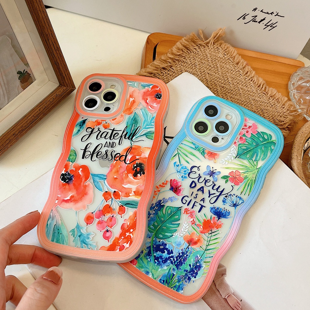 Oppo A17 A77S A57 2022 A15 A16 A16K A54 A12 A5S A7 A94 A93 A3S A11k A53 A31 A52 A92 A37 F9 A1K A76 A36 5F A9 2020 Cat Air Bunga Tanaman Tepi Melengkung TPU Phone Case Binteacase