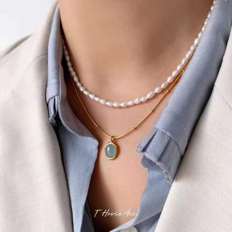 Kalung Rantai Klavikula Hias Kristal Aquamarine Gaya Korea Untuk Perempuan