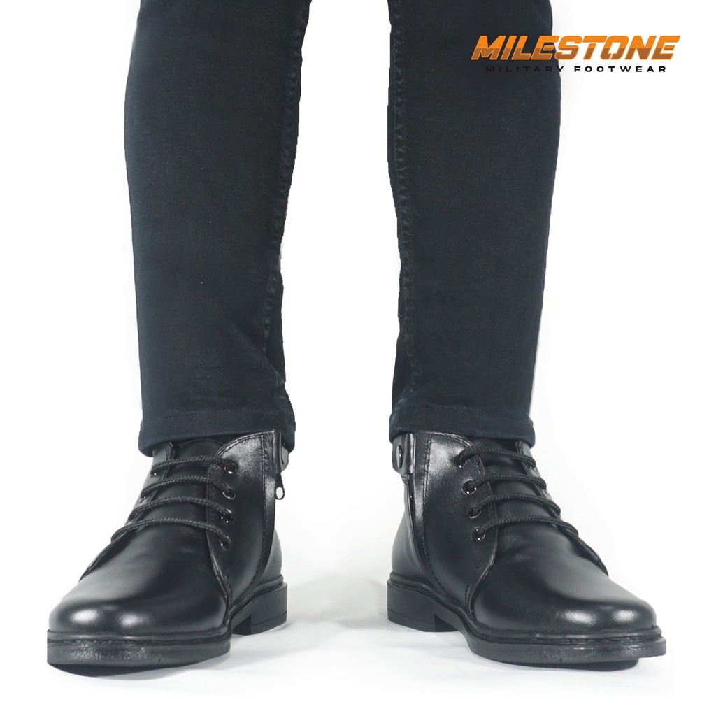 Sepatu Kulit Pria MILESTONE Kulit Asli Pantofel Kantor Dinas Harian Semi Boots PDH 04 Resleting Talian