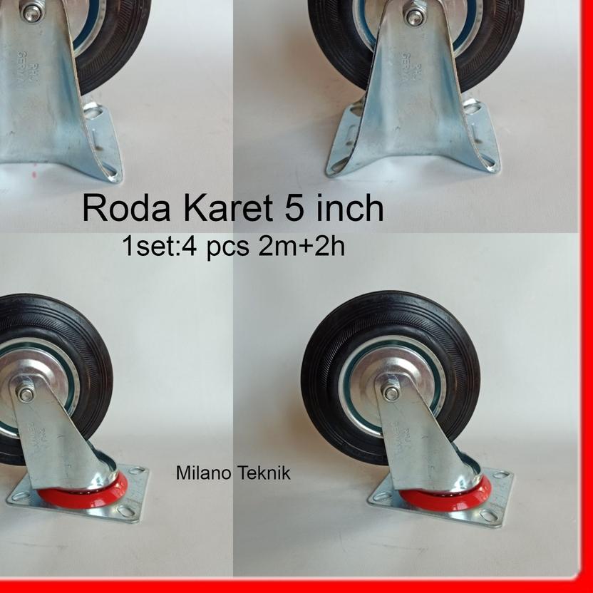 ❉ Roda troli 5"(2H+2M) roda karet etalase trolley gerobak 5 inch ➢