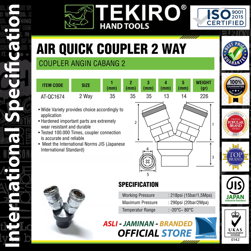 Nepel Selang Angin Cabang Dua - 2 Way Air Quick Coupler TEKIRO