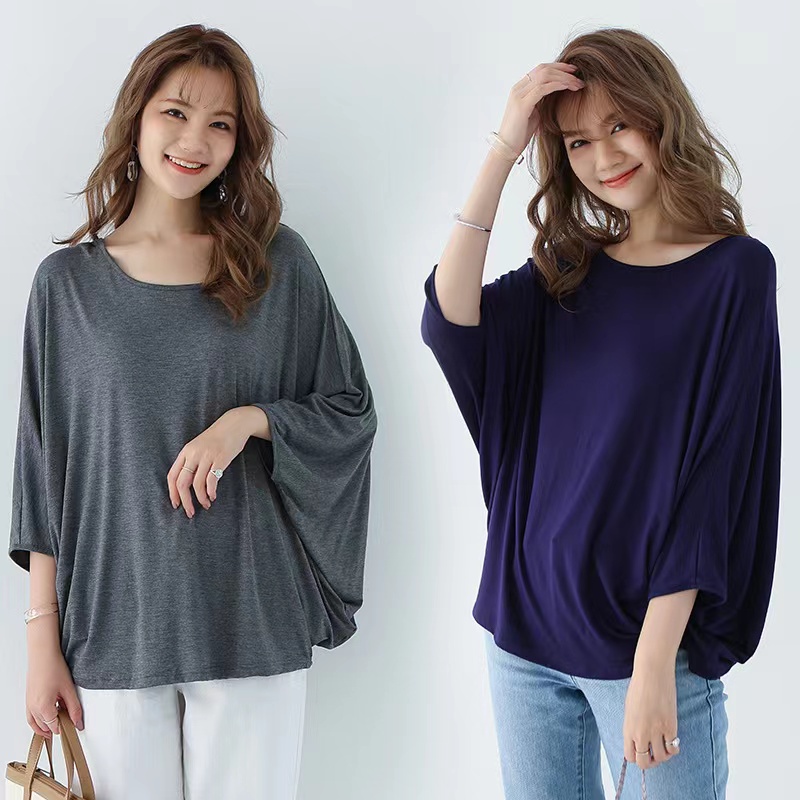 Impor Kapas Modal Blus Lengan 3/4 Wanita Dolman Lengan Tiga Perempat Warna Polos Longgar