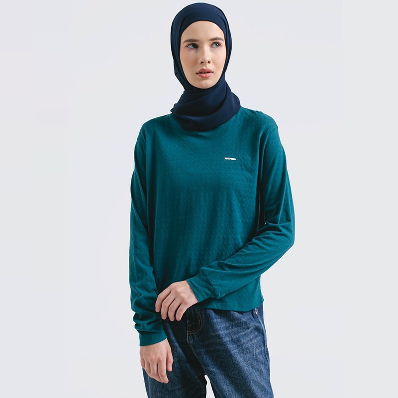 3Second Original Kaos Wanita Polos Lengan Panjang 100% Cotton Katun Tshirt Basic Hijau Deep Teal 041