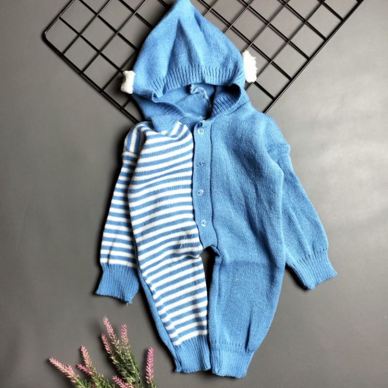 jumper rajut hoodie bayi 0-6 bulan motif salur kombinasi pompom