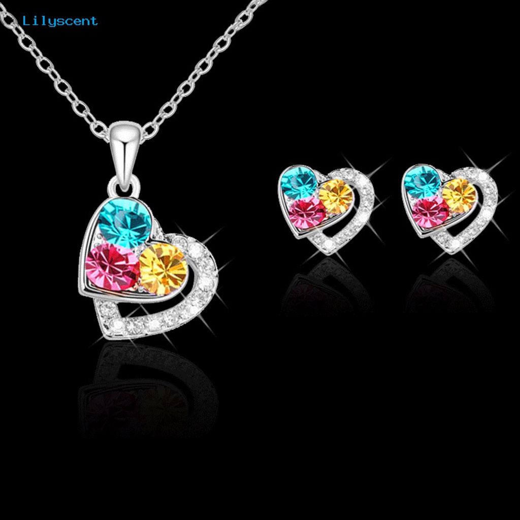 [LS] 1set Perhiasan Wanita Set Shiny Colorful Full Rhinestones Geometris Berkilau Hias Hadiah Anniversary Cinta Bentuk Hati Liontin Kalung Stud Anting Set Aksesori Fashion