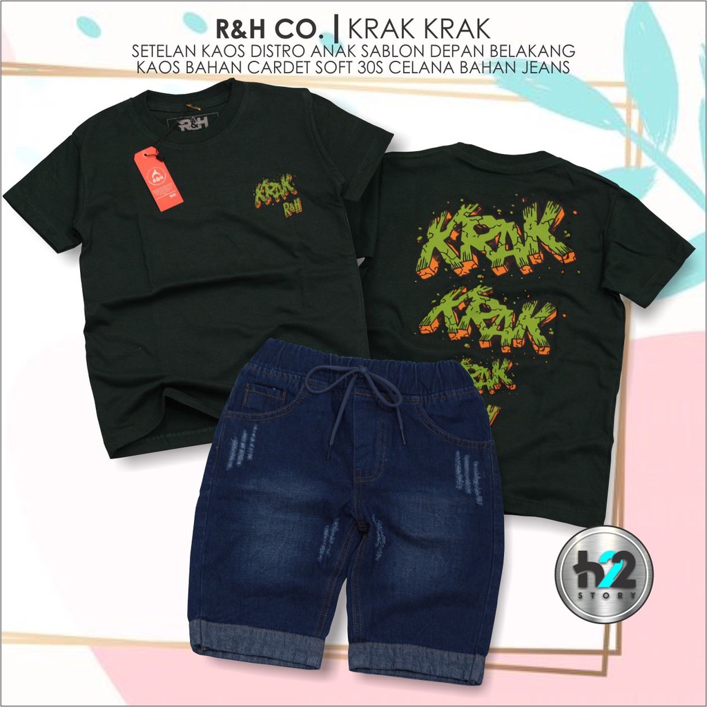 Setelan Anak Celana Jeans / Setelan Jeans Anak Laki Laki /  Setelan Kaos Distro Anak Celana Jeans Pendek Usia 3-12 Tahun / By H22Story-HijauBotol Navy