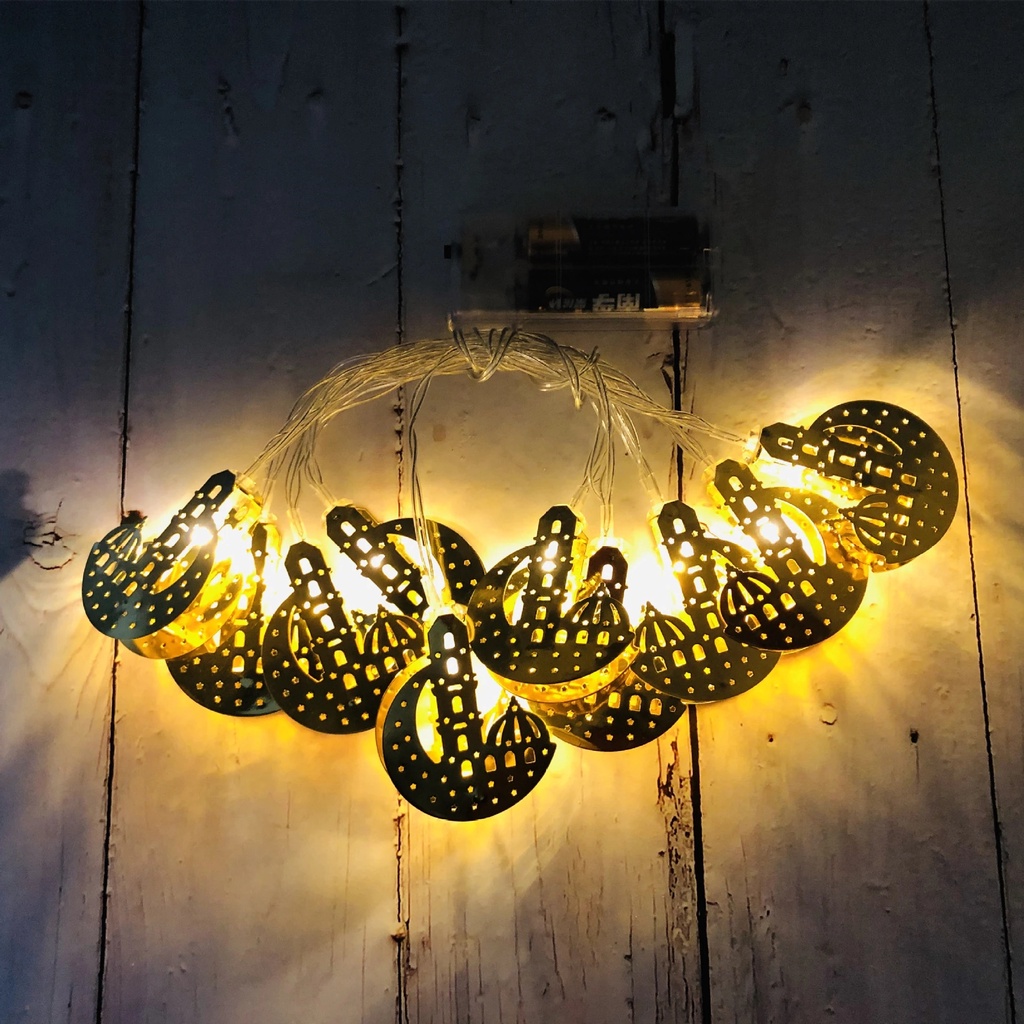 Castle Moon Star Gold Colour Lights Ramadhan Dekorasi Rumah 10LED Eid Mubarak Decor Perlengkapan Pesta Muslim Islami Lebaran Bulan Bintang Led String Light Iron Art Lampu String Led