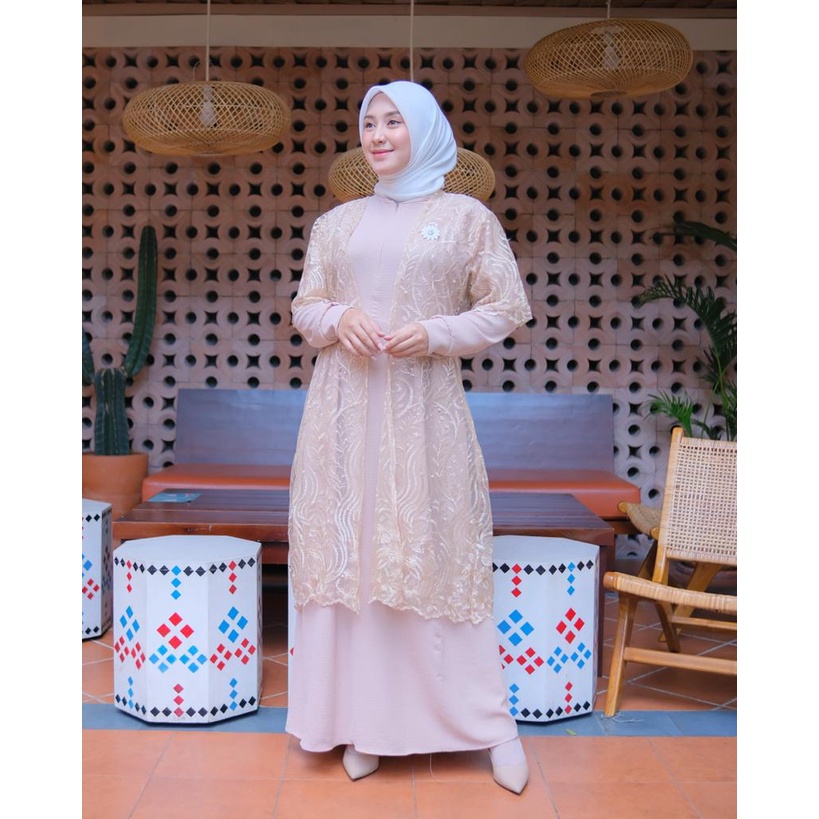 SARAHAYU DRESS SET BRUKAT OUTER 2 IN 1 - DRESS MAXI LEBARAN ELEGANT MEAH