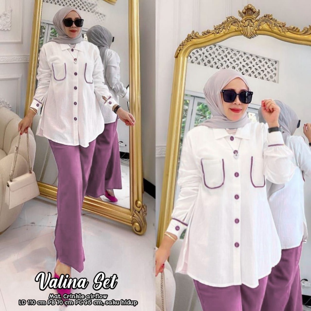 Valina Set - One Set Wanita Kemeja Rayon Premium Setelan Baju Lengan 7/8 Set Celana Panjang Kekinian LD 110 cm