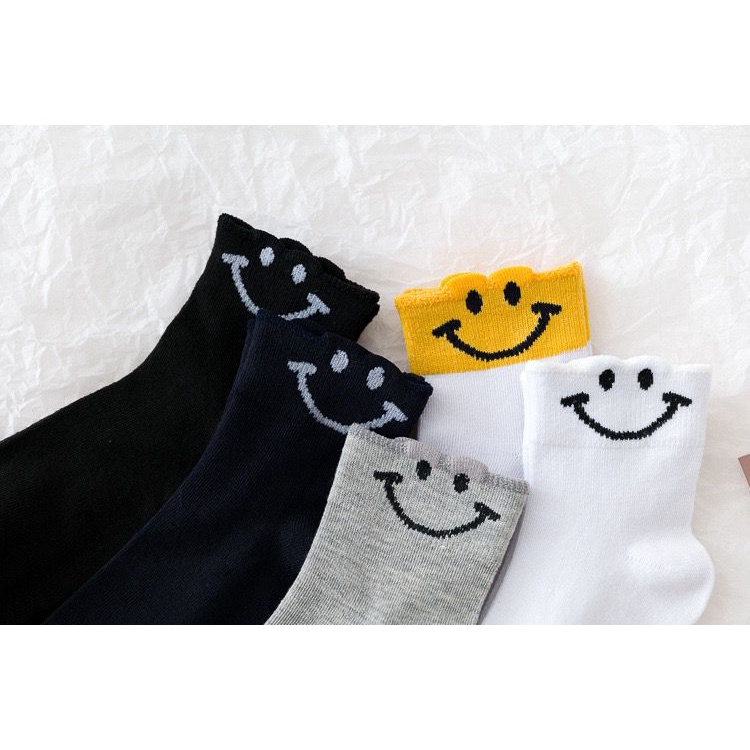 [littlecrab] Kaos Kaki Smile Hitam Putih Kuning Senyum Import Sock Smiley Simple Polos Tebal High Quality Korean Style