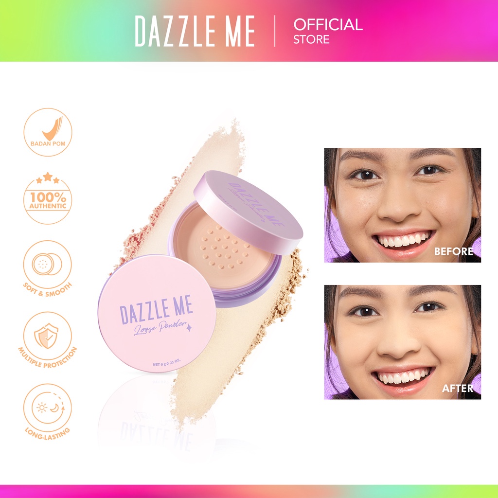 DAZZLE ME Always Setting Loose Powder Indonesia / Bedak Tabur 6g / Sheer Matte Velvety Coverage / Oil Control 12 Hours Soft Smooth Long Lasting Multiple Protection / Full Coverage / Cosmetic Makeup Face Make Up Series / BB Cream Foundation Compact Cushion