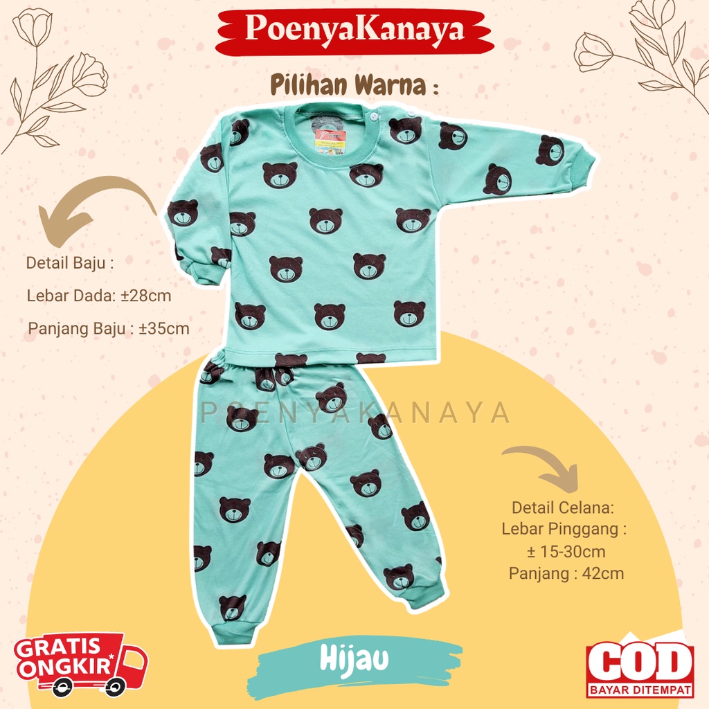 Setelan Baju Bayi Piyama Bayi Panjang KEPALA BERUANG Warna Viori Size 6-18 Bulan SPY65