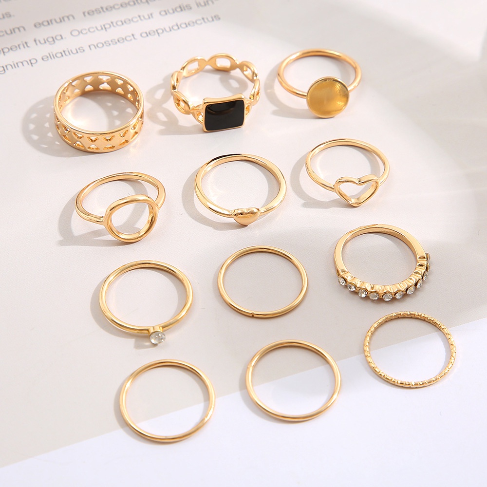 12pcs/set Retro Berongga Jantung Cincin Set Sederhana Lingkaran Geometris Dilipat Berlian Imitasi Cincin Perempuan Wanita Pesta Perhiasan