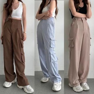 Celana Cargo Wanita Highwaist Loose - Bonnie Cargo Pants Kantong 3 Anti Kusut