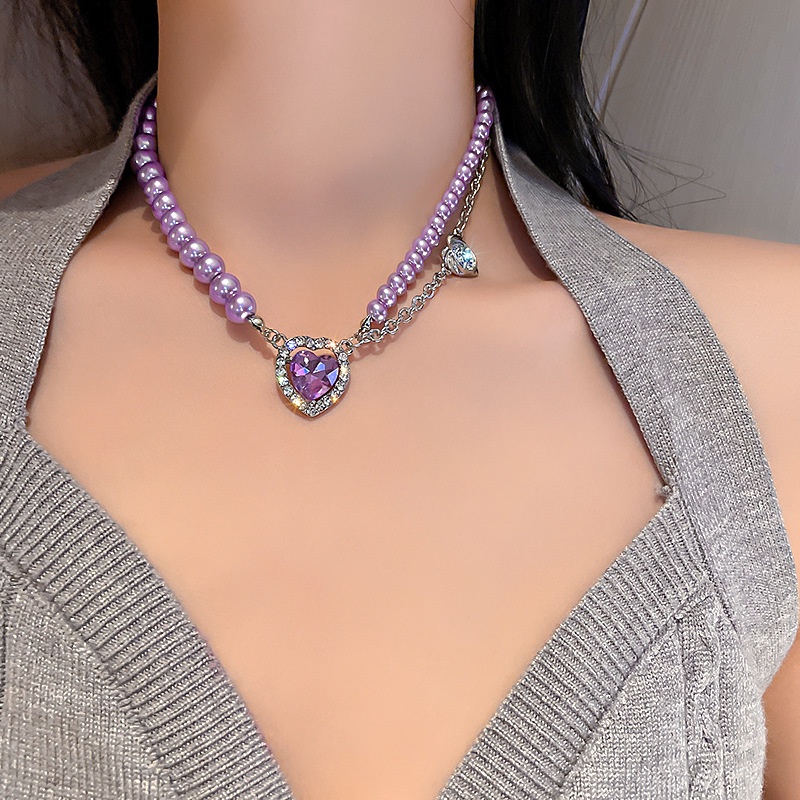 Cinta Amethyst Kalung Klavikula Mutiara Elegan Aksesoris Desain Wanita