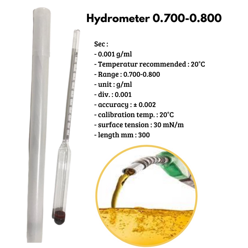 Hidrometer skala 0,7ml-0,8ml alat uji Bensin Premium Pertamax Pertalite Pertamina / Hydrometer Test 700-800 Bensin Premium Pertamax Pertalite Pertamina 0.700 - 0.800