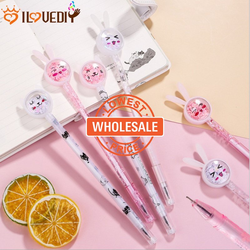 [Wholesale Prices] Dream Girl Black Neutral Pen Shiny Sequin Stationery Pen Cute Expression Writing Stationery Creative Rabbit Ears Signature Pen Transparent Bar 0.5mm Exam Marker