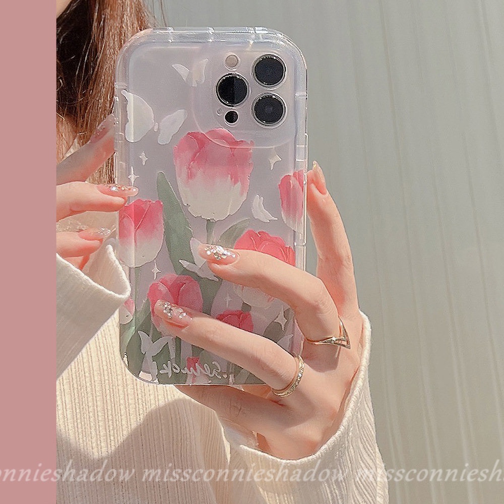 IPHONE Fashion Ins Korea Lukisan Minyak Tulip Case Kompatibel Untuk Iphone11 13 12 14 Pro Max 7Plus 8Plus XR 6 6s 8 7 Plus X XS Max SE 2020 Fresh Spring Flowers Shockproof Airbag Soft Cover