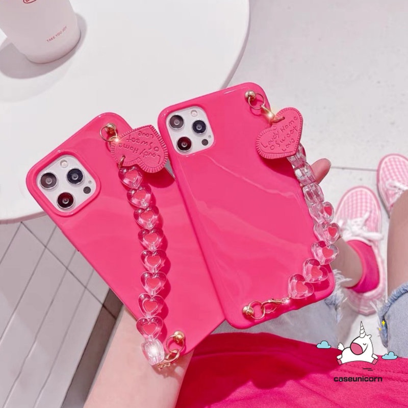 IPHONE Kompatibel Untuk Iphone11 14 13 12 Pro Max 7plus XR 78 Plus X XS Max SE 2020 Mewah Simple Glossy Halus Lembut Tpu Silicon Love Heart Gelang Tali Phone Case Dengan Wrist Band