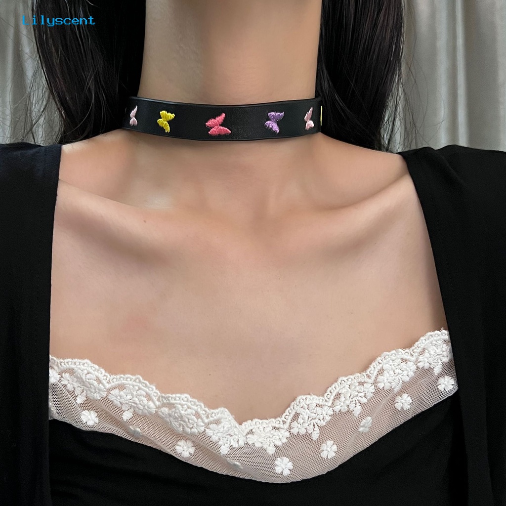 [LS] Choker Kalung Kulit Imitasi Warna-Warni Bordir Geometris Dapat Disesuaikan Nyaman Berdan Hadiah Valentine Wanita Bunga Matahari Kupu-Kupu Klavikula Kalung Perhiasan Aksesori Fashion