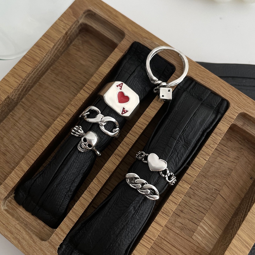 Fashion Hip-hop Gothic Kreatif Dadu Cincin Set Poker Rantai Cinta Tengkorak Kepala 6-piece Ring Set