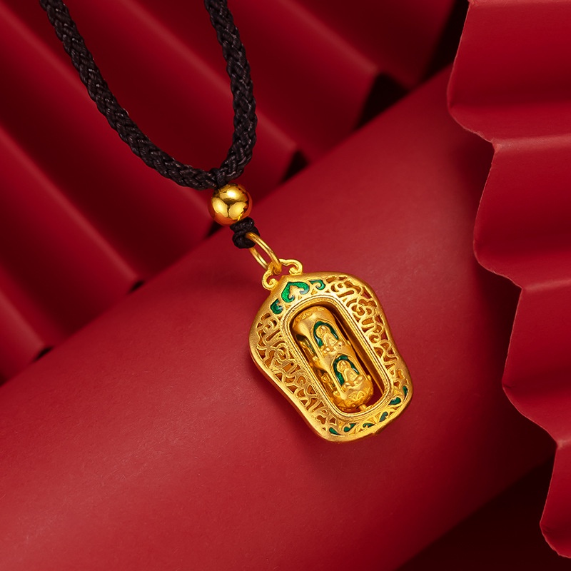 Goldkingdom Fashion Perhiasan Emas Asli Kadar 375Bangkok Aksesoris Ready Stock Retro Membakar Liontin Biru Sepuhan Berputar Fu Karakter Guanyin Xiangyun Kalung Untuk Pria Dan Wanita