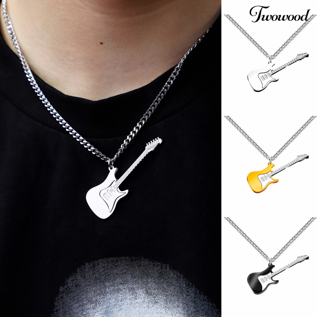 Twowood Pria Kalung Punk Keren Hip Hop Kepribadian Stainless Steel Bass Gitar Liontin Klavikula Kalung Fashion Perhiasan