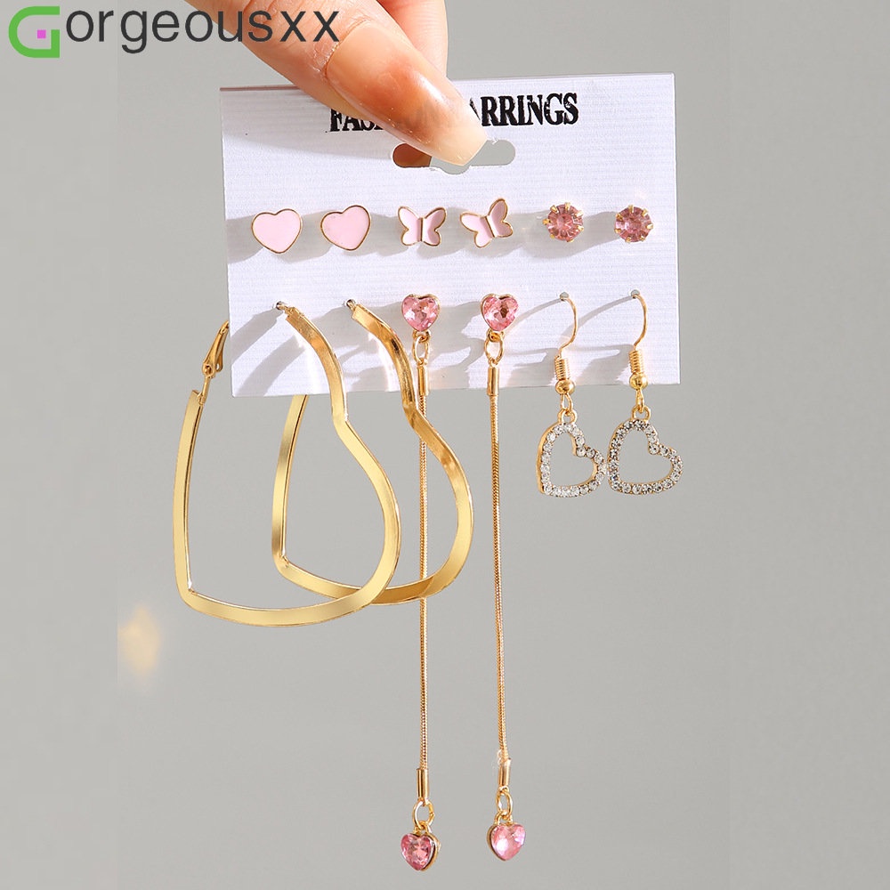 Lucu Merah Muda Kupu-Kupu Stud Anting Set Untuk Wanita Besar Berongga Hati Panjang Rumbai Drop Earring Perhiasan Harian Memakai Hadiah