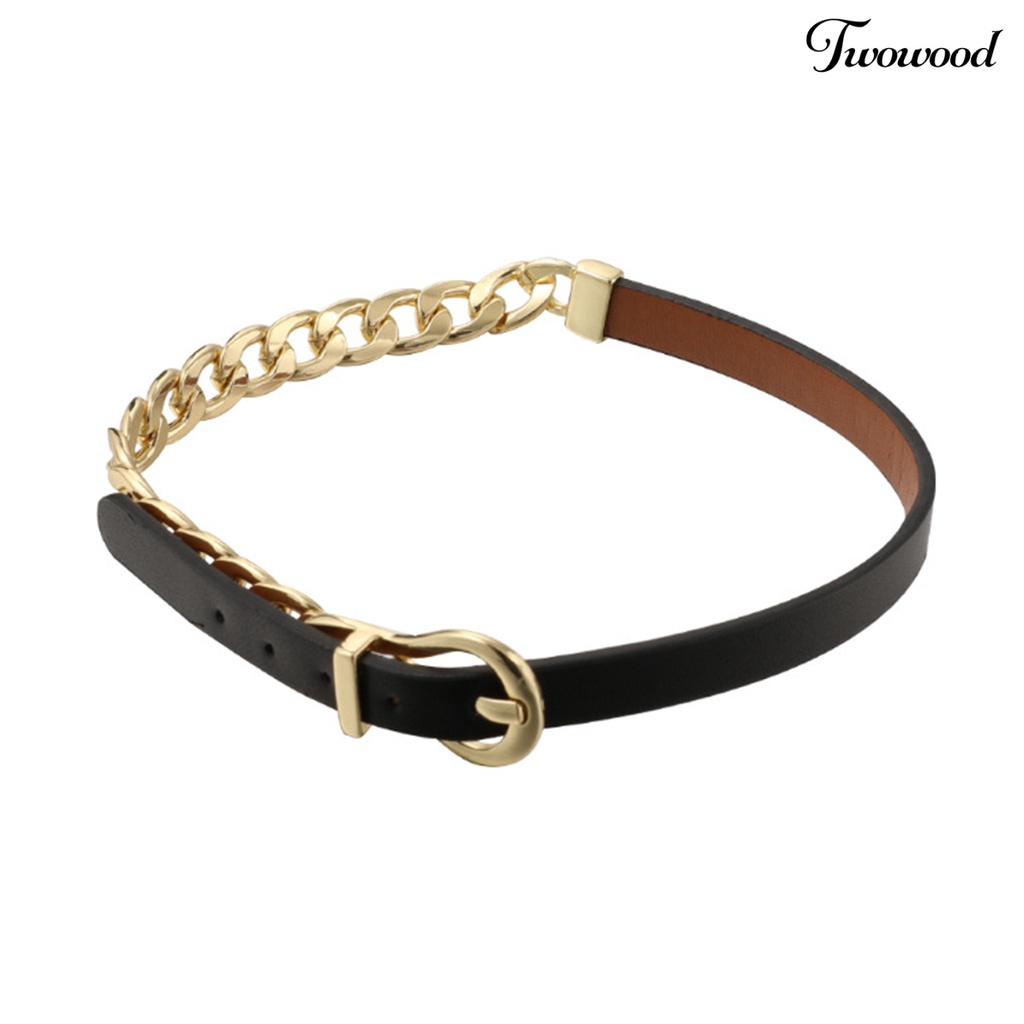 Twowood Wanita Choker Kulit Imitasi Adjustable Gesper Link Rantai Punk Kepribadian Hadiah Hip Hop Cewek Kerah Kalung Fashion Perhiasan