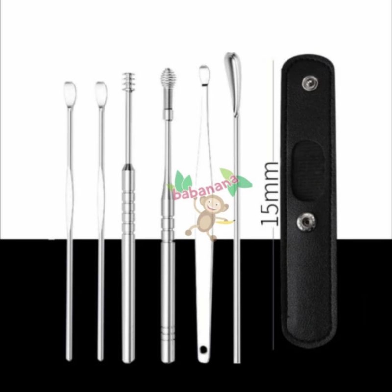 6 in 1 Korek Kuping Spiral Stainless Pembersih Kotoran Telinga Pouch