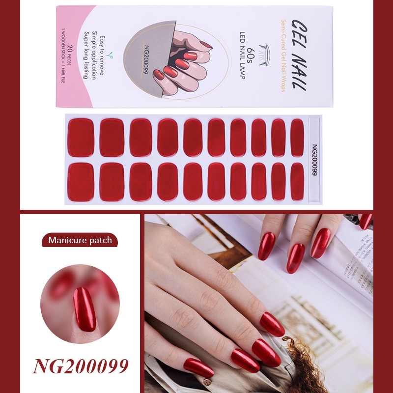 20tips/lembar Semi Sembuh Merah Gel Kuku Strip Patch Sliders Perekat Tahan Air Tahan Lama Full Cover Gel Nail Stcikers Lampu UV Butuh