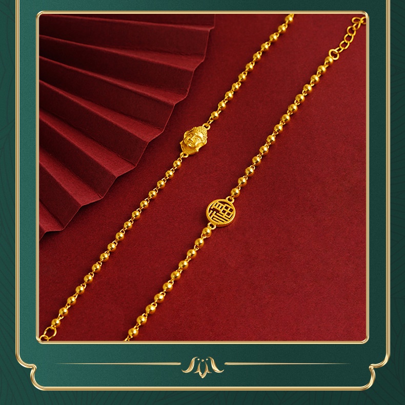 Goldkingdom Fashion Perhiasan 24 K Bangkok Aksesoris Ready Stock Baru Berlapis Emas Gelang Kepala Buddha Melubangi Fu Karakter Model Perempuan Retro Manik Rantai Penyesuaian