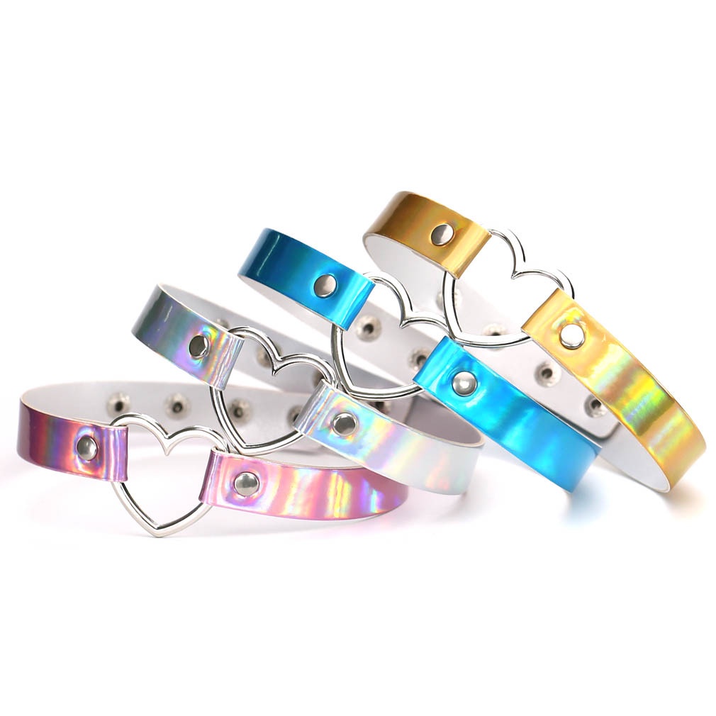 Kreatif Harajuku Laser Cinta Hati Choker Menarik Bercahaya Kulit Pu Kalung Rantai Leher Unisex Perhiasan Pesta