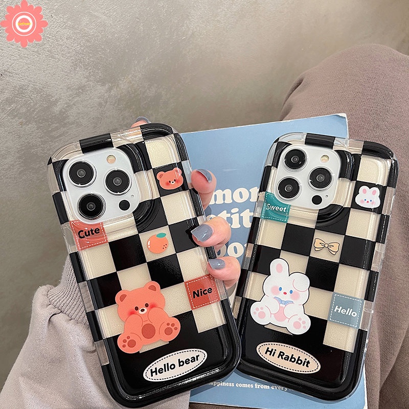 Vivo Y17 Y15 Y35 Y16 Y02S V25E V25 Y02 Y15A Y91 Y12i Y22 Y12 Y11 Y21 Y01 Y15s Y20 Y22s Y33s Y30 Y20i Y21s Y12s Y93 Y95 Y91C Y50 Checkerboard Cute Bear Rabbit Shockproof Airbag Case