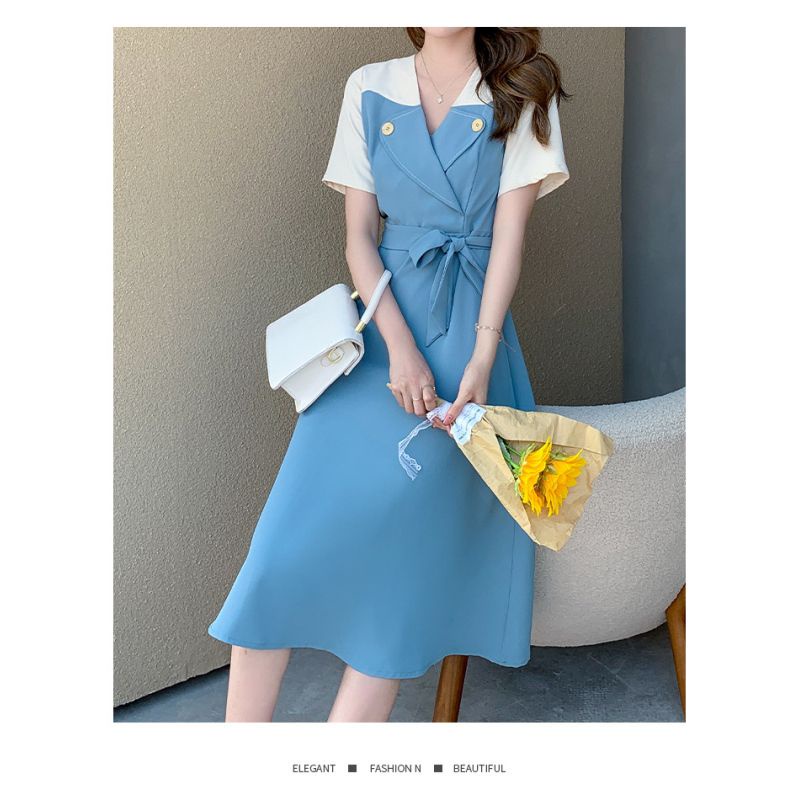 Dress wanita model biru putih katun Korea lengan pendek elegant