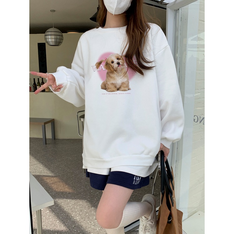 EUNII Sweater Lengan Panjang Cartoon Pink Dog Korean Style/Sweater Crop/Baju Wanita/Switer Wanita/Switer