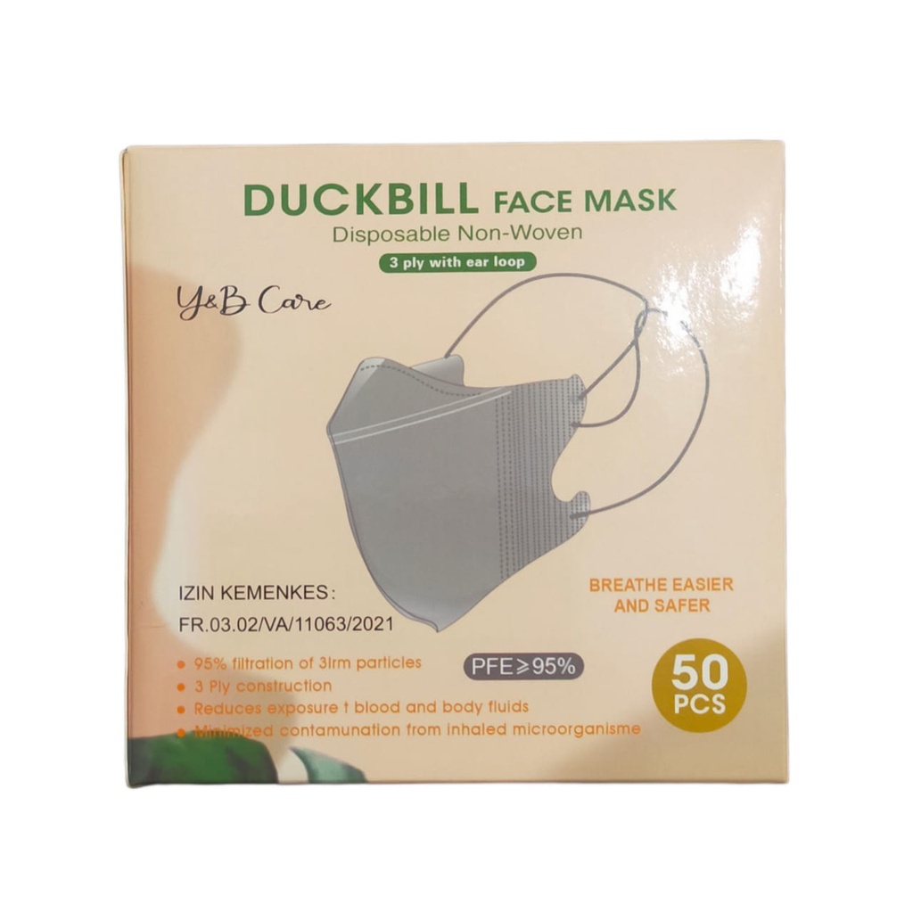 masker hijab kesehatan Y&B care duckbill 1 kotak isi 50 pcs abu-abu