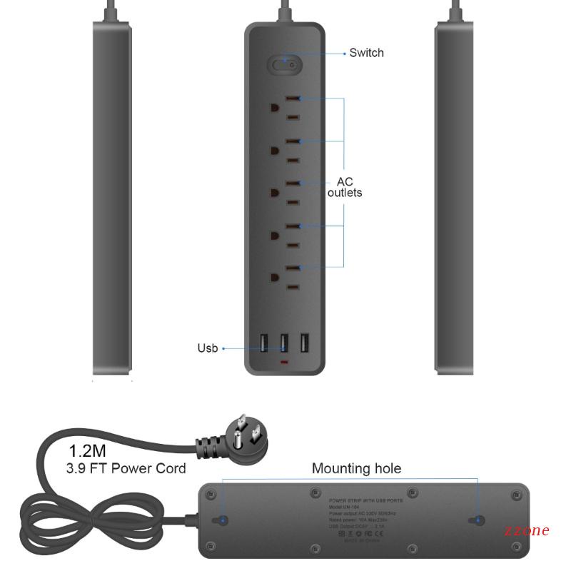 Zzz 8in1 Power Strip Surge Protector Plug Socket Dengan 5pcs Outlet Jarak Luas