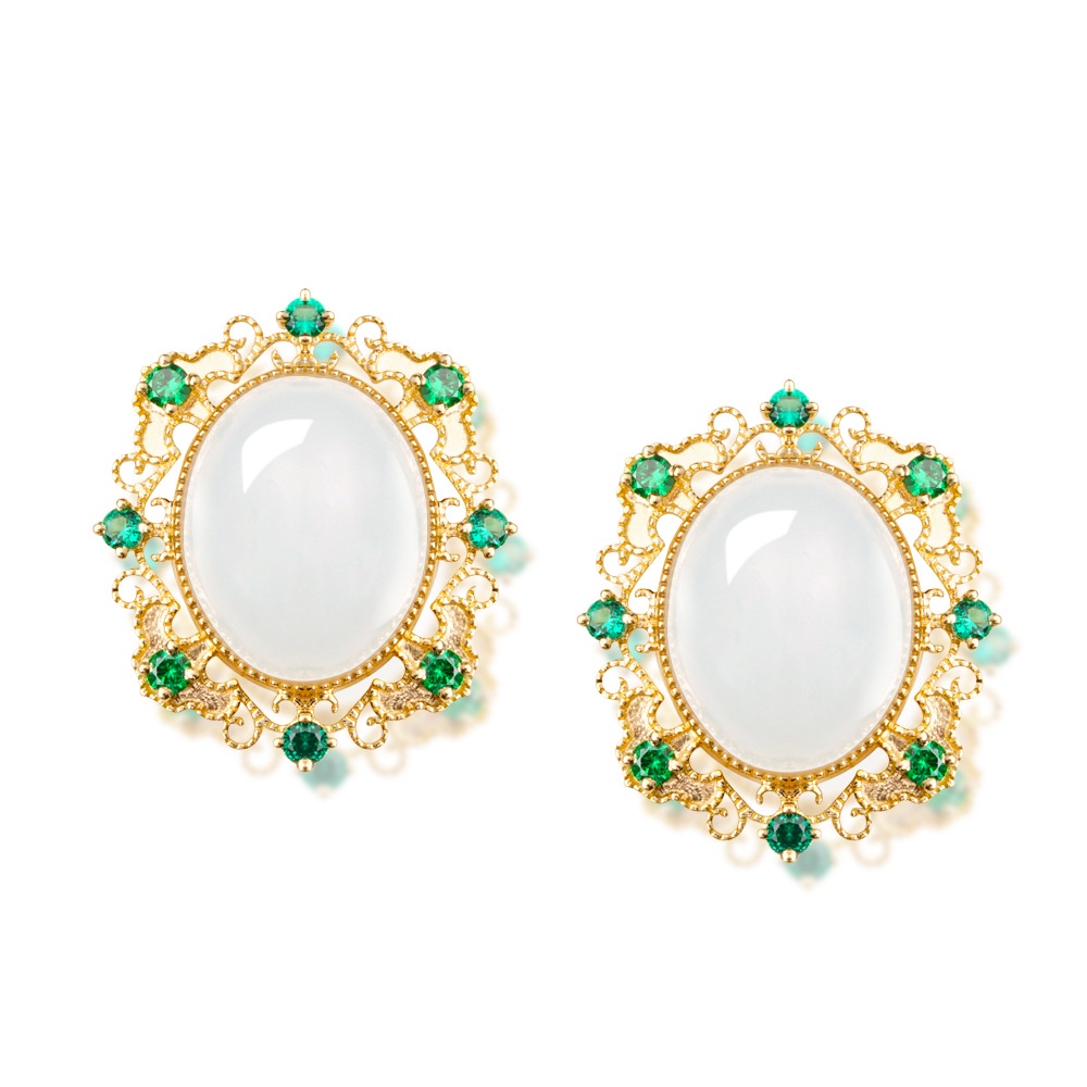 Goldkingdom Fashion Perhiasan Aksesoris Ready Stock Baru Caibao Hetian Jade Ear Studs Ear Ornaments White Jade Pendant Adjustable Cincin Kalung Set Perempuan