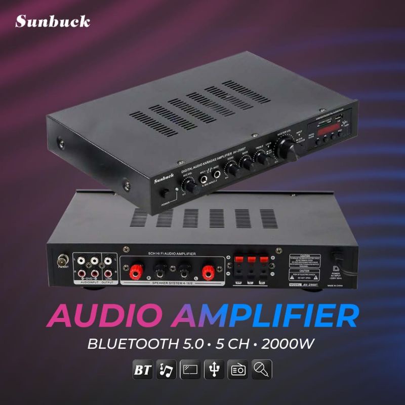 Sunbuck Audio Bluetooth 4.1 DAC Home Stereo Amplifier 5 Channel with Remote 2000W - AV-298BT