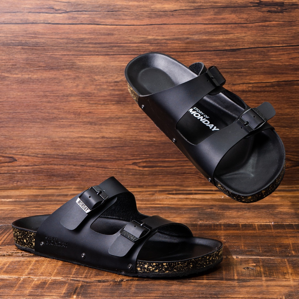 Yuno Full Black | 36-46 | Sandal Slop Kulit Original Ori Santai Kasual Casual Distro Pria Wanita Cowok Cewek Sendal Footwear | FORIND x Story of Monday