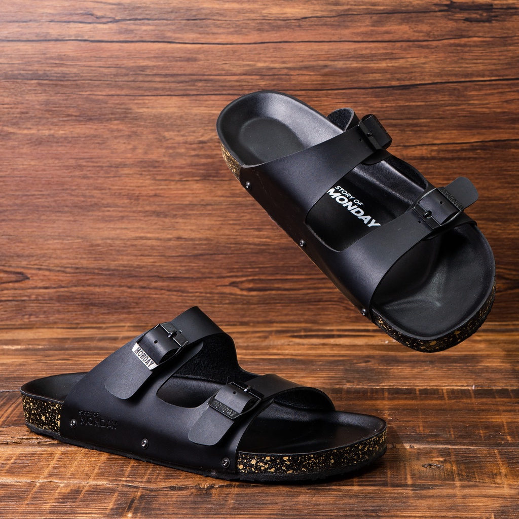 Yuno Full Black | Sandal Slop Kulit Original Ori Santai Kasual Casual Distro Pria Wanita Cowok Cewek Sendal Footwear | FORIND x Story of Monday